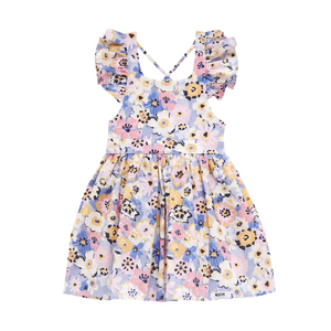 Girls ruffle sleeve dress in purple flowers