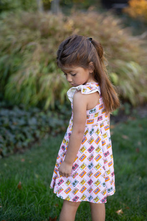 Back view girls racer back dress in pink cassettes stars print
