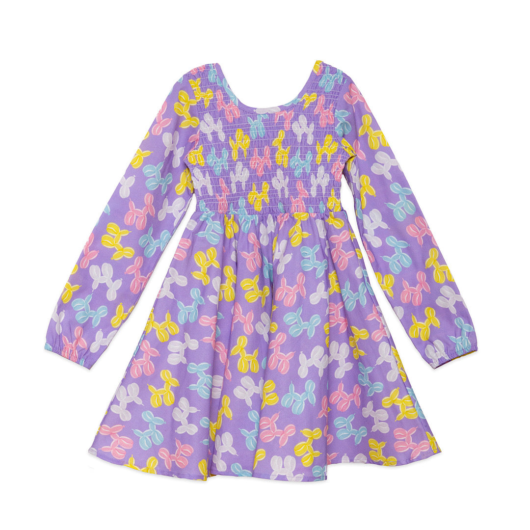 Girls ruched dress in purple balloon animal print, birthday dress