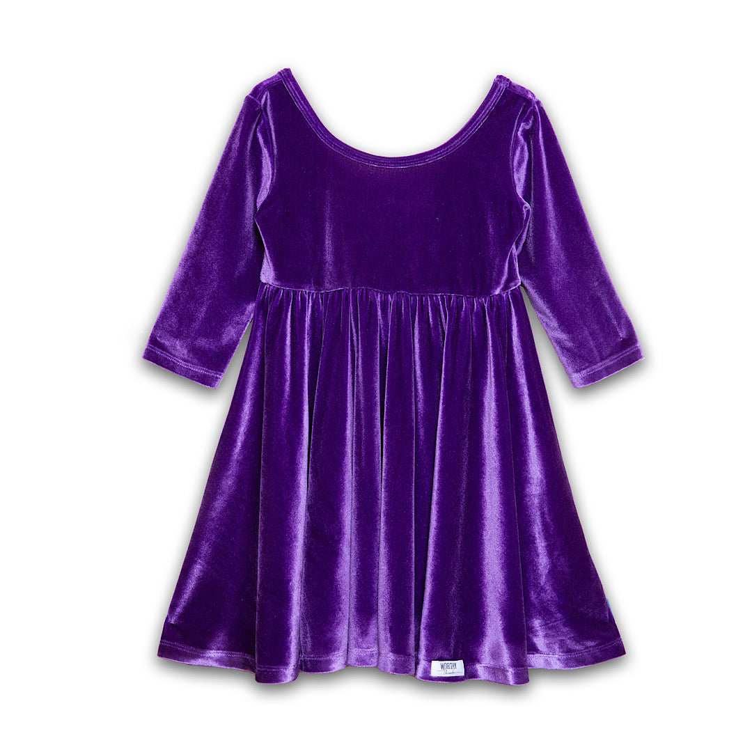 Girls stretch velvet twirly dress in purple eggplant