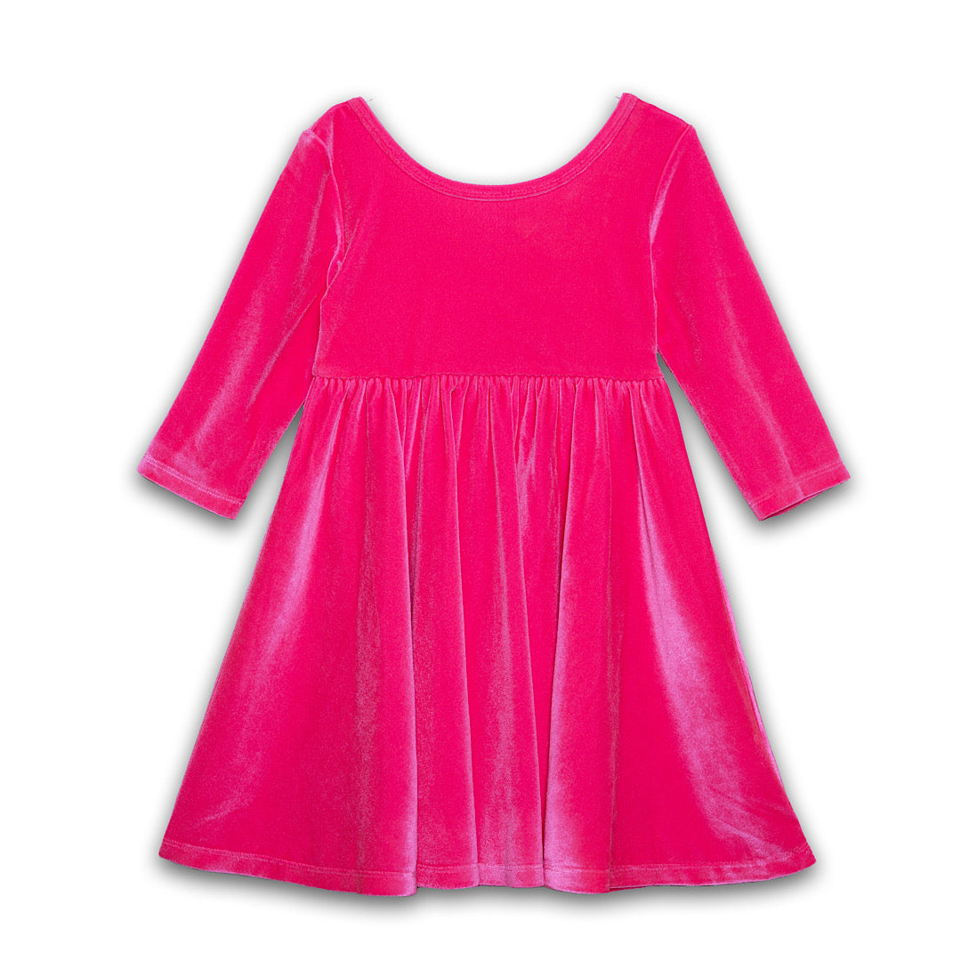 Girls hot pink stretch velvet twirly dress
