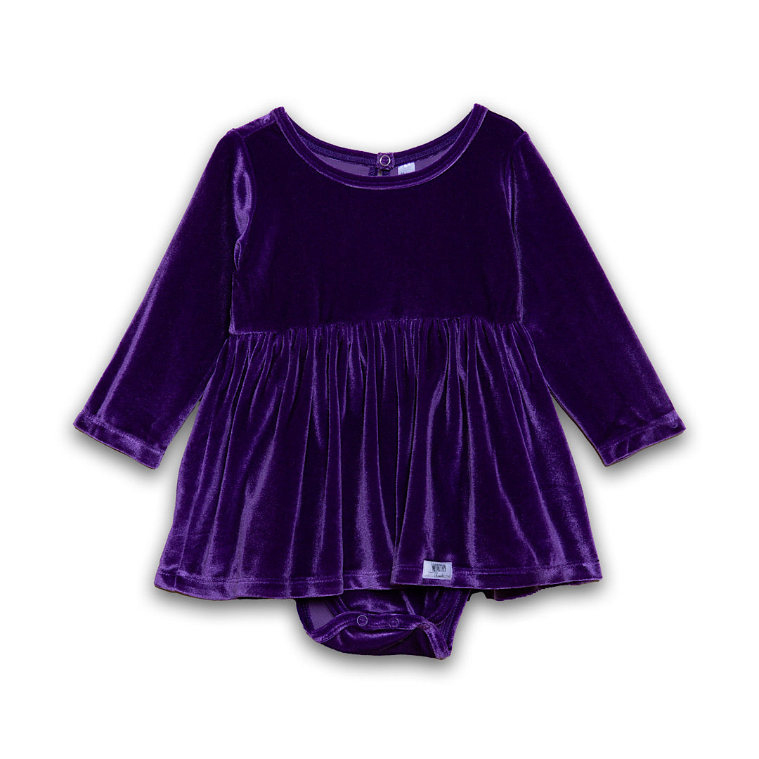 Baby bubble romper in eggplant purple stretch velvet