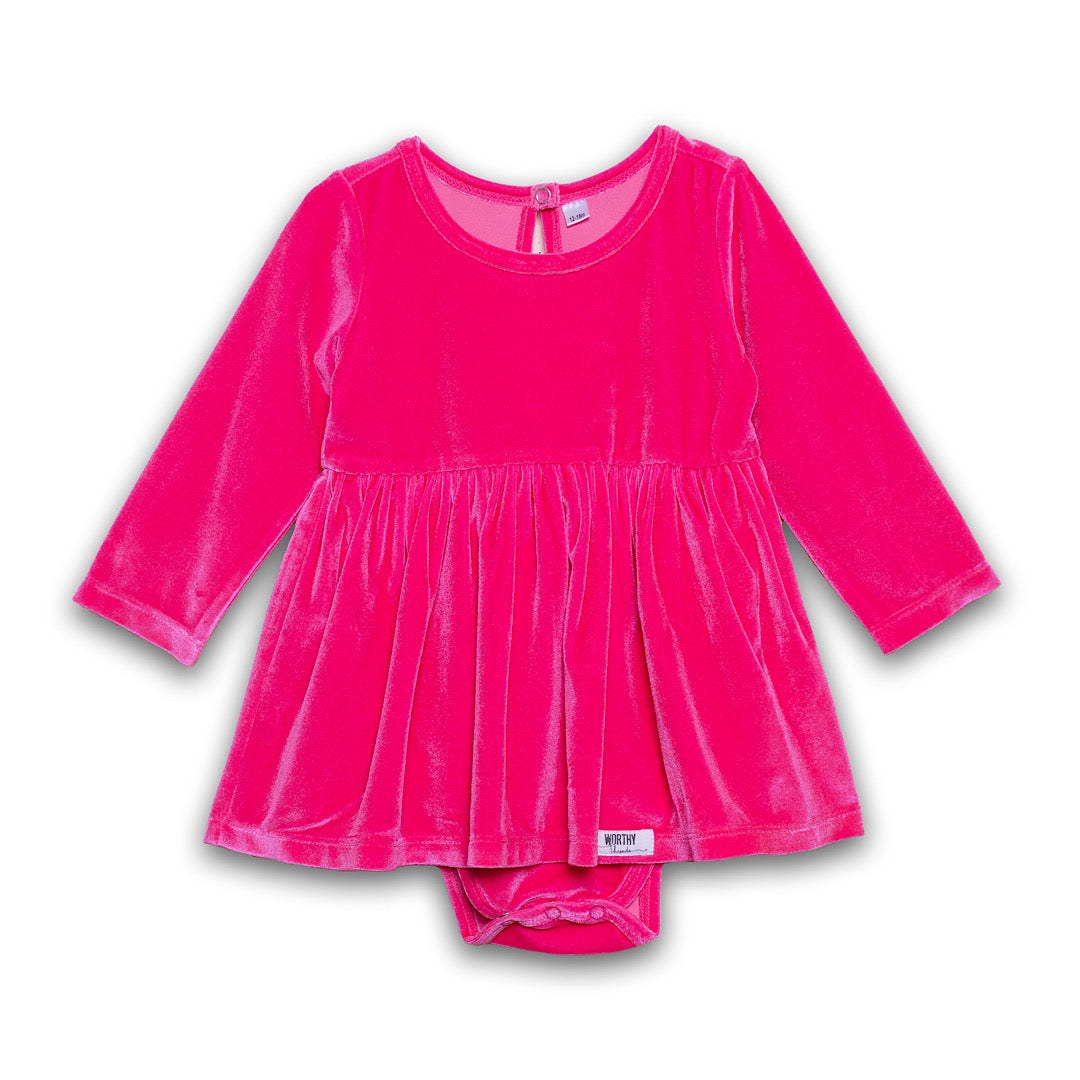 Baby bubble romper in hot pink stretch velvet