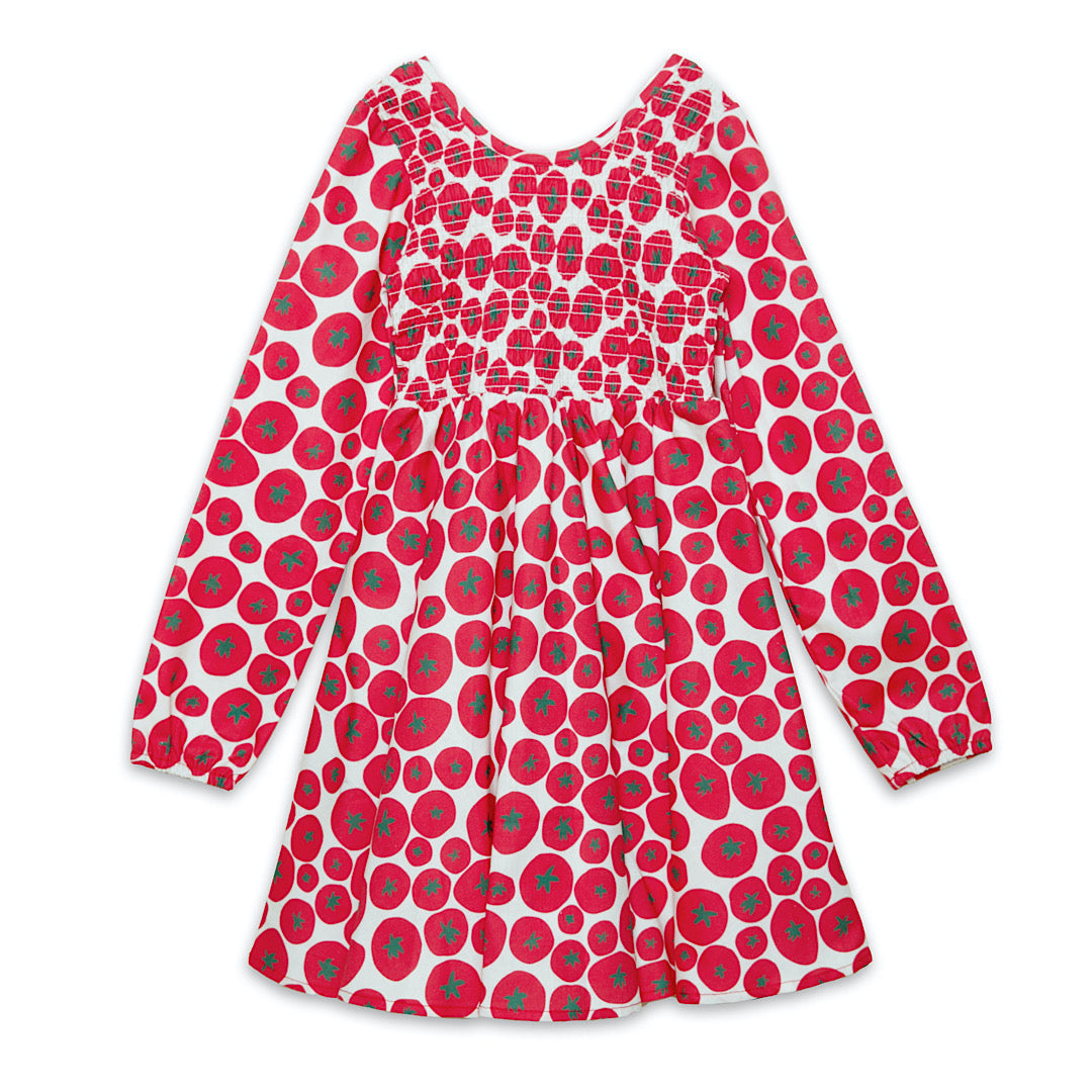 Girls long sleeved ruched dress in tomato print