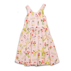 Girls cross back dress in pink plants, summer dress with pockets!