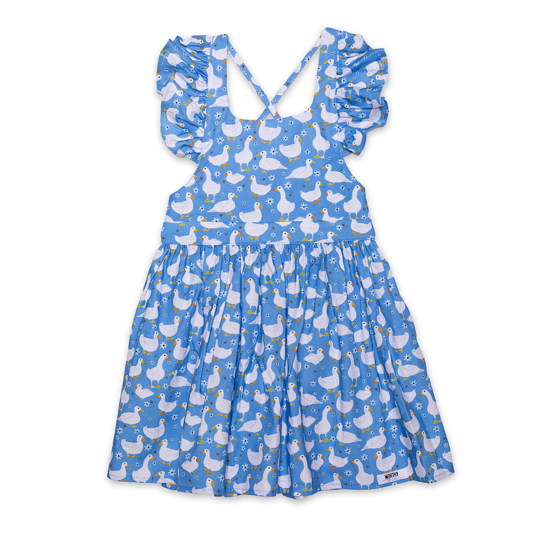 Girls ruffle sleeve dress in ducks, blue summer dress