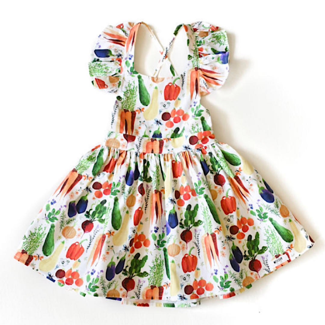 Girls ruffle sleeve dress in veggie print, summer dress