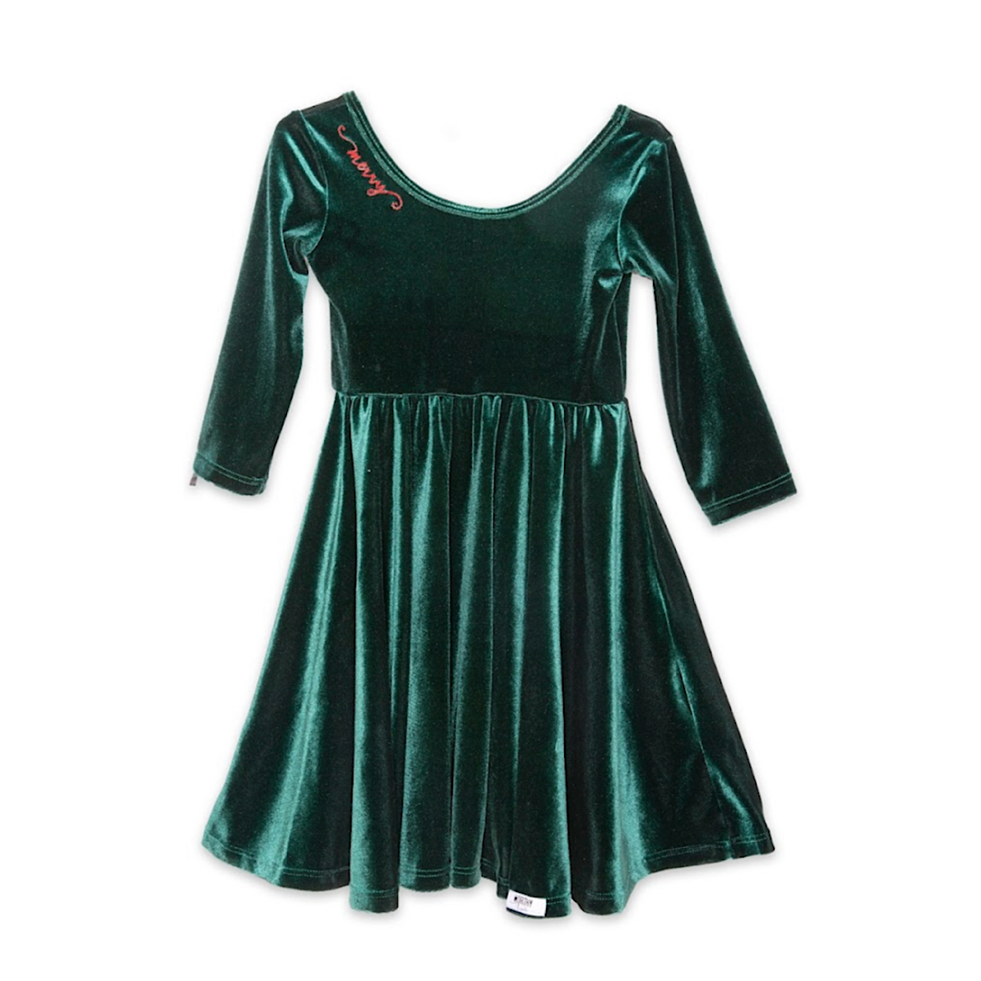 Girls christmas holiday twirly dress in green velvet with embroidery at the neck