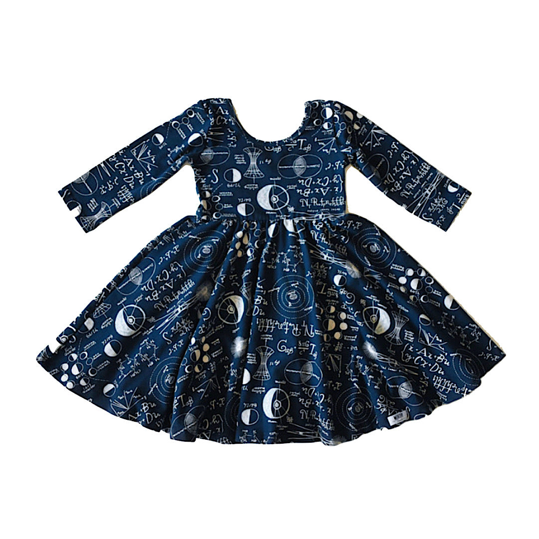 Girls twirly dress in navy blue math ad science themed print