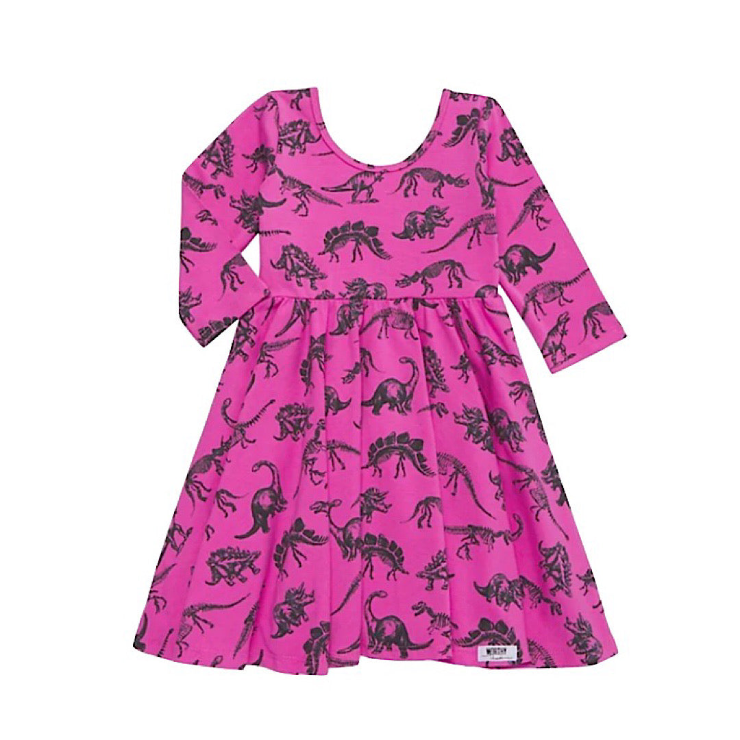 Girls pinafore dress in hot pink dinosaur print, STEM clothing for girls