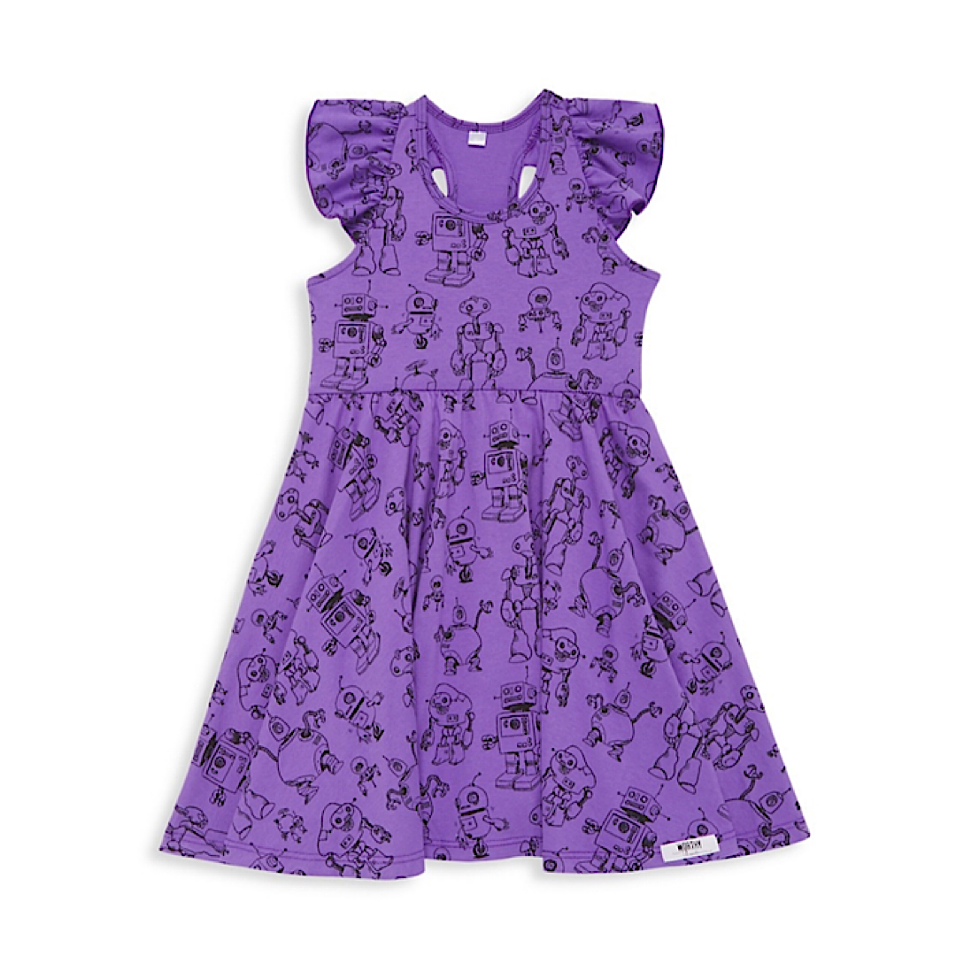 Girls summer twirly dress with ruffle sleeves in purple robots print