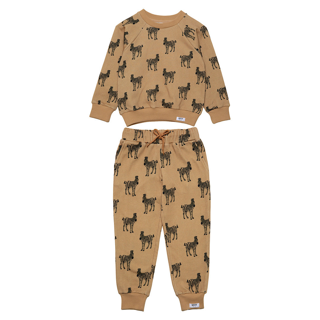 Loungewear set in beige with zebra print- raglan style crew neck sweatshirt and joggers
