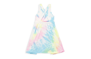 Pastel tie dye cross back twirly dress, back view
