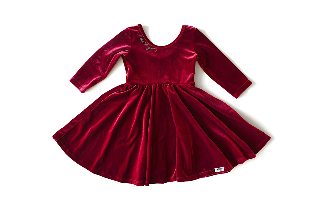 Girls burgundy red stretch velvet twirly dress with Christmas Holiday embroidery