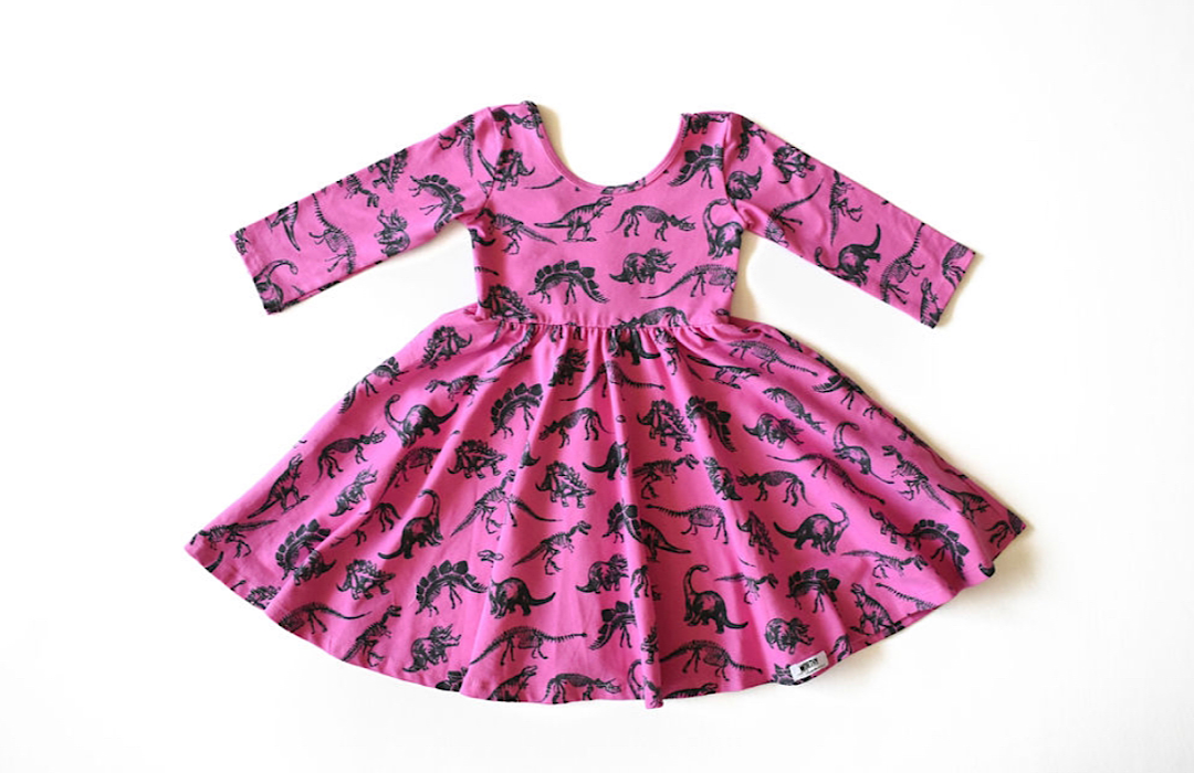 Girls pinafore dress in hot pink dinosaur print, STEM clothing for girls